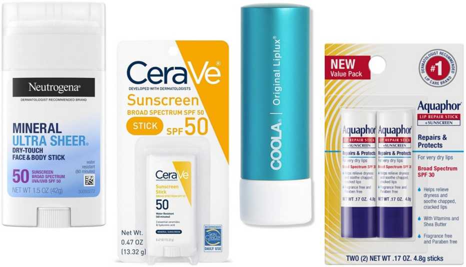Neutrogena Mineral Ultra Sheer Face and Body Sunscreen Stick SPF 50; CeraVe Sunscreen Stick SPF 50; Coola Organic Liplux Classic Sunscreen Lip Balm SPF 30; Aquaphor Lip Repair Stick + Sunscreen SPF 30