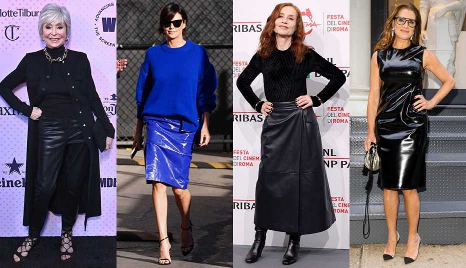Rita Moreno, Charlize Theron, Isabelle Huppert and Brooke Shields each wearing an outfit featuring leather Rita Moreno, Charlize Theron, Isabelle Huppert and Brooke Shields each wearing an outfit featuring leather
