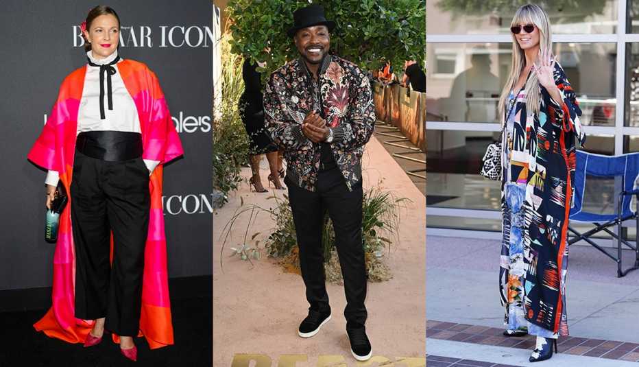 Drew Barrymore wearing a dramatic pink kimono duster over black pants, Will Packer wearing a floral bomber black outfit and Heidi Klum wearing a print maxi coat