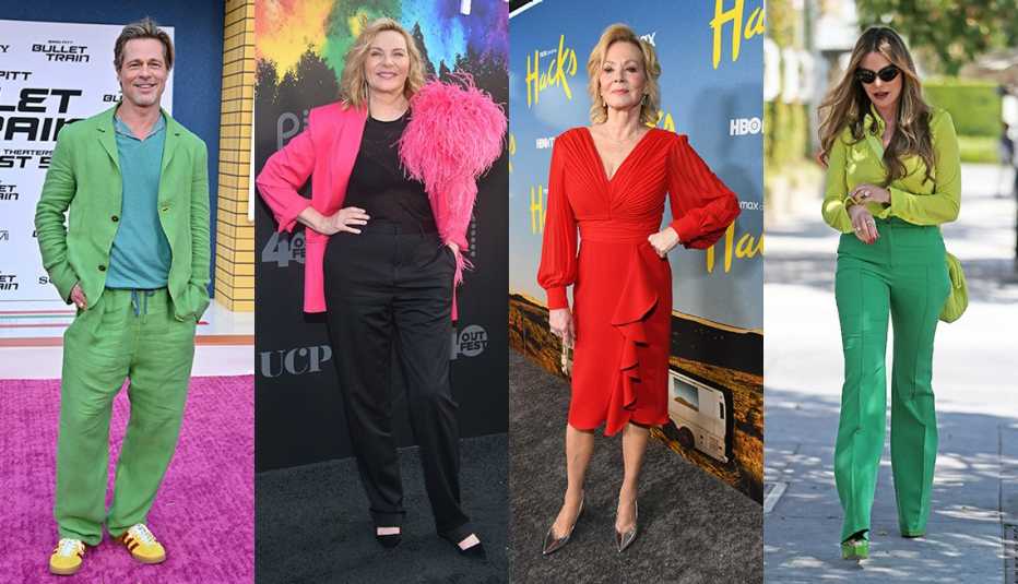 Brad Pitt in a green outfit, Kim Cattrall in a statement bright pink blazer with caribou feather shoulder detail, Jean Smart in a red dress with full puff sleeves, v-neck ruffle accent down front and Sofía Vergara in bright green pants and platforms, a lime green blouse with a green bag bag