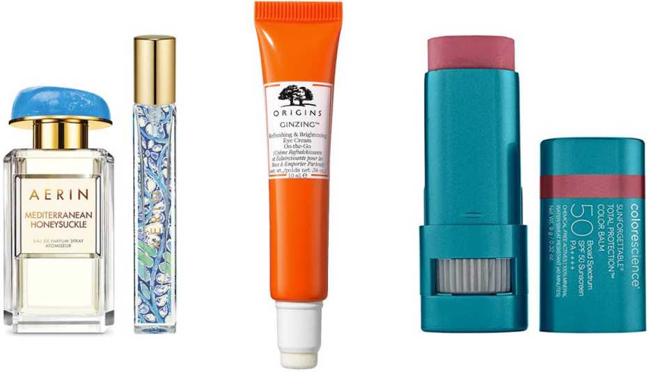 Aerin Mediterranean Honeysuckle Eau de Parfum Travel Spray; Origins Mini Ginzing Vitamin C Eye Cream; Colorscience Sunforgettable Total Protection Color Balm SPF 50 in Berry