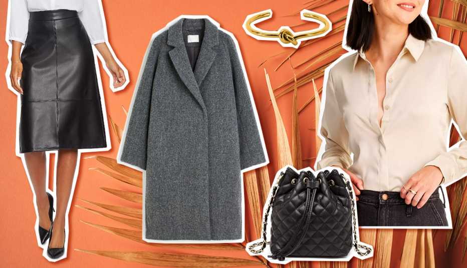 NYDJ Faux Leather A Line Skirt in Black; H&M Double-Breasted Coat in Dark Gray; Oma The Knot Bracelet in Gold; Poppy Women’s Vegan Leather Quilted Crossbody Drawstring Bucket Bag in Black; A New Day Women’s Long-Sleeve Button Front Shirt in Cream 