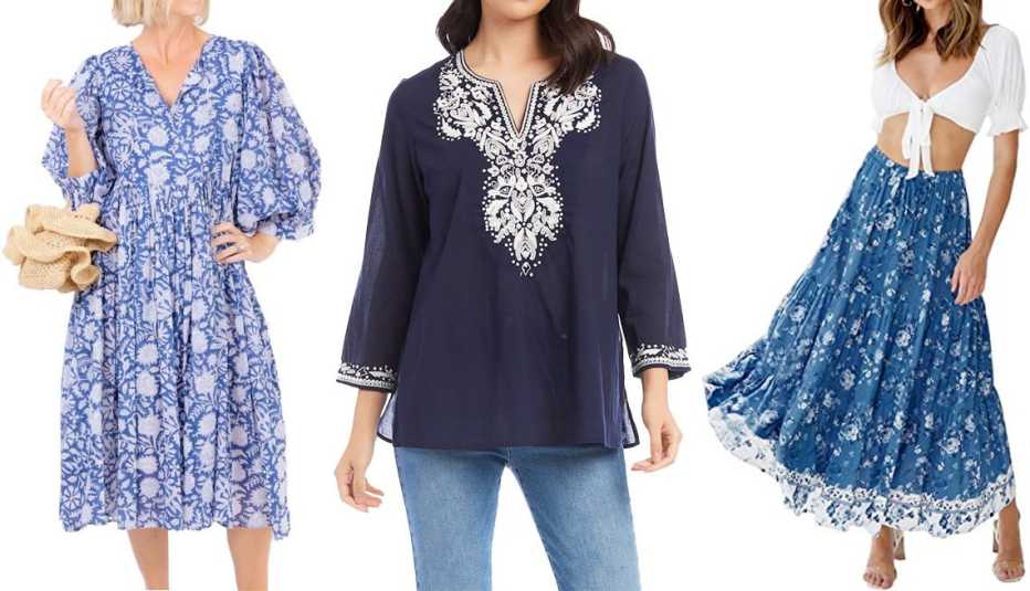 Hat Attack Beach Dress in Blue; Karen Kane Embroidered Tunic in Navy; Merokeety Women’s Boho Floral Print Elastic High Waist Pleated A Line Midi Skirt