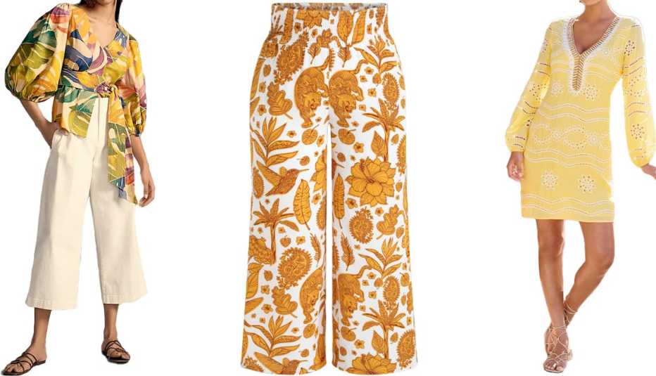 Anthropologie Farm Rio x Anthropologie Belted Blouse in Yellow Motif; Cider Curve &amp; Plus Boho Tropical &amp; Animal Straight Leg Trouser in Yellow; Boston Proper Embellished Lace Tunic Dress in Lemon Drop