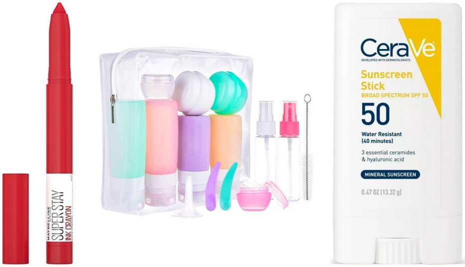 Maybelline SuperStay Ink Crayon Lipstick in Make Moves; Morfone 16 Pack Travel Bottles Set TSA approved; CeraVe 100% Mineral Sunscreen Stick SPF 50