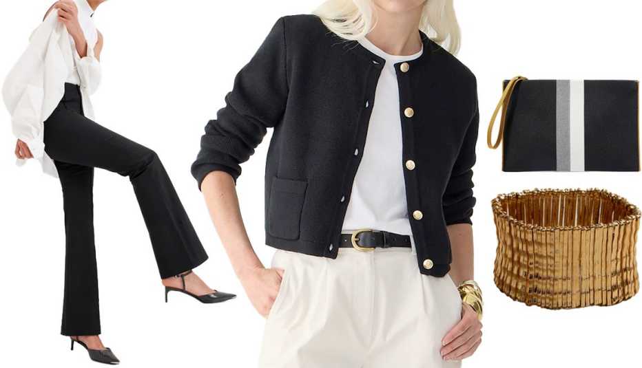 Gap High Rise BiStretch Flare Pants in Black; J.Crew Emilie Patch-Pocket Sweater Lady Jacket in Black; Rothys The Wristlet in Black Mist; Banana Republic Factory Isha Elastic Cuff in Gold