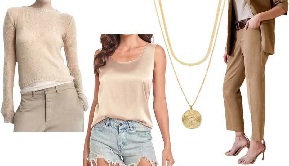 Zara Wool-Blend Openwork Knit Sweater in Beige; Wantschun Women’s Silk Satin Tank Shirt V-Neck Sleeveless Blouse Camisole; Uncommon James Simple Beauty Necklace in Gold; Banana Republic Siena Slim Italian Wool Ankle Pant in Heather Camel