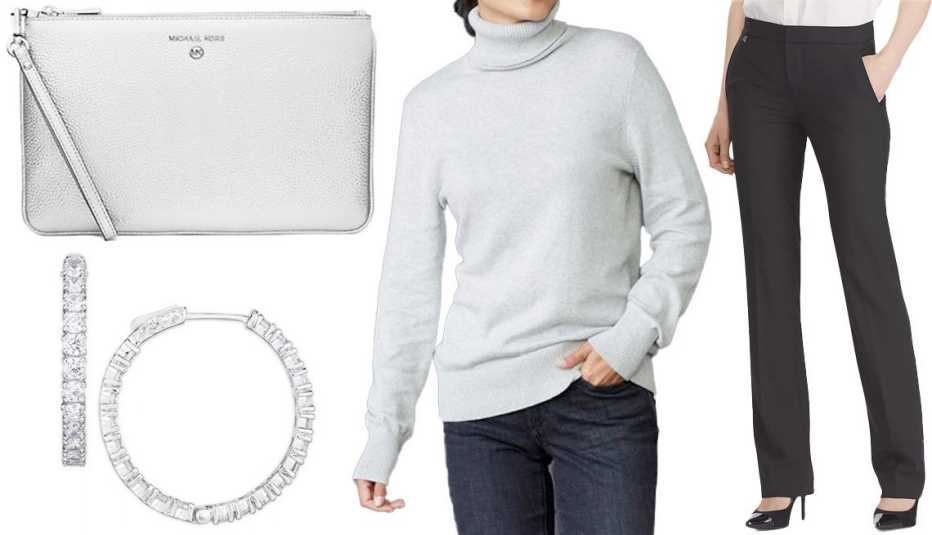 Macy’s Cubic Zirconia Large Hoop Earrings in Silver Plate; Michael Michael Kors Large Metallic Pebbled Leather Wristlet in Silver; L.L.Bean Women’s Cotton/Cashmere Sweater, Turtleneck in Light Gray Heather; Lauren Ralph Lauren Straight-Leg Pants in Gray