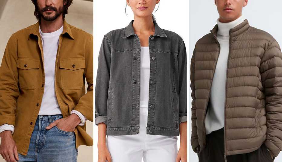 Banana Republic Men Malo Twill Shirt Jacket in Khaki; Eileen Fisher Organic Cotton Stretch Denim Jacket in Carbon; Uniqlo  Men Ultra Light Down Jacket (Narrow Quilt) in 37 Brown
