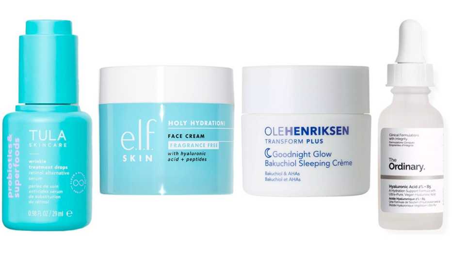 Tula Wrinkle Treatment Drops Retinol Alternative Serum; e.l.f. Holy Hydration! Face Cream; OleHenriksen Goodnight Glow Sleeping Creme; The Ordinary Hyaluronic Acid 2% + B5