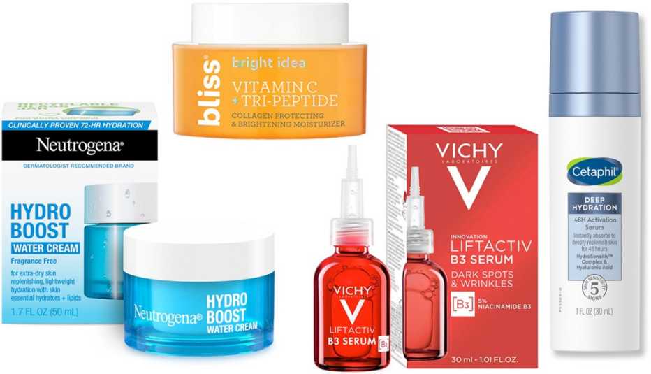 Neutrogena Hydro Boost Water Face Cream-Fragrance Free; Bliss Bright Idea Vitamin C + Tri-Peptide Moisturizer; Vichy LiftActiv B3 Serum for Dark Spots & Wrinkles; Cetaphil Deep Hydration 48-Hour Activation Serum