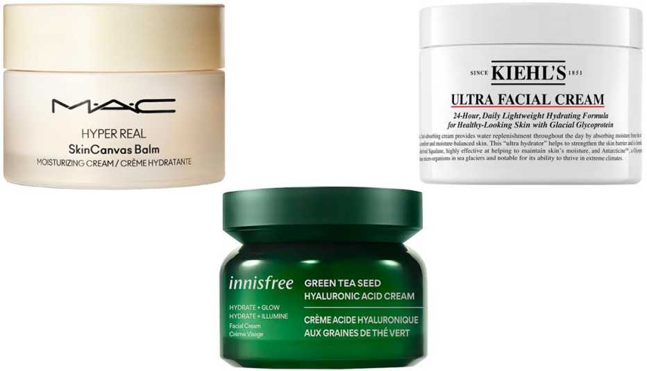 M.A.C. Hyper Real SkinCanvas Balm Moisturizing Cream; Kiehl’s Since 1851 Ultra Facial Cream; Innisfree Green Tea Hyaluronic Acid Hydrating Moisturizer