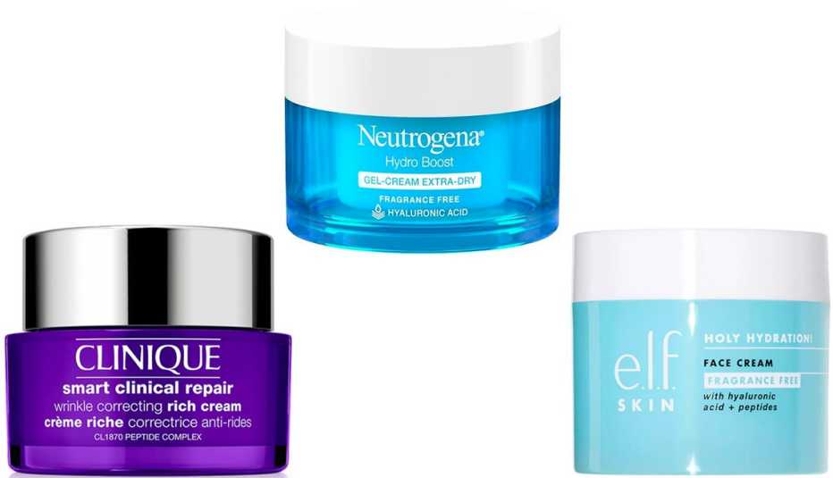 Clinique Smart Clinical Repair Wrinkle Correcting Rich Cream; Neutrogena Hydro-Boost Gel-Cream Extra Dry; e.l.f. Holy Hydration! Face Cream Fragrance-Free