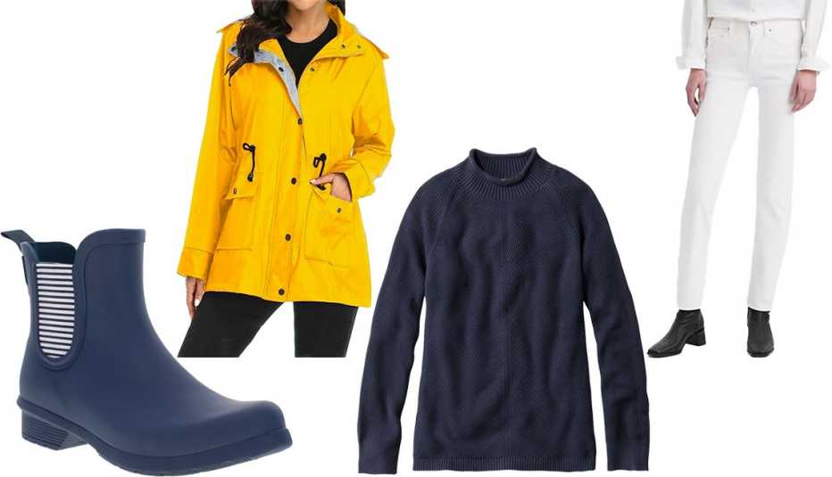 Chooka Classic Chelsea Rain Boot in Navy; Water Resistant Hooded Striped Windbreaker Rain Jacket in Yellow; Women’s Cotton Shaker-Stitch Sweater, Funnelneck in Classic Navy; Levi&rsquo;s 314 Shaping Straight Women’s Jeans in Classic White