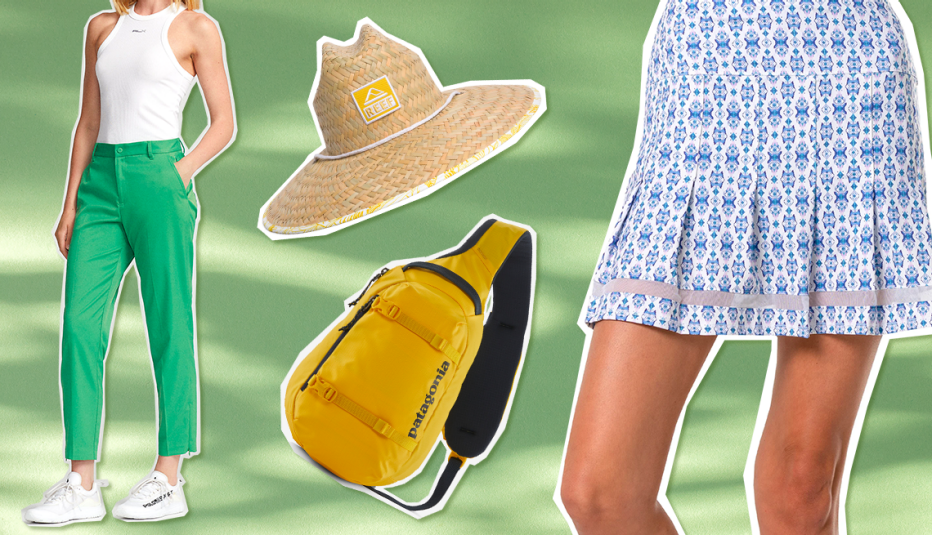 from left to right stretch twill five pocket pant then breakwater hat then atom sling bag then aruba pleated skort long