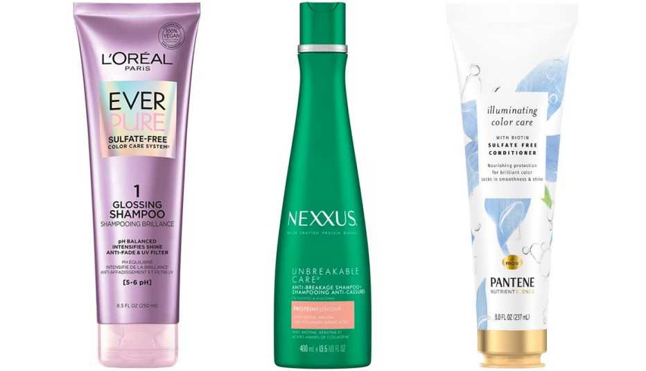 L’Oréal Paris EverPure Sulfate-Free Glossing Shampoo; Nexxus Unbreakable Care for Fine & Thinning Hair Thickening Shampoo; Pantene Illuminating Color Care Conditioner with Biotin
