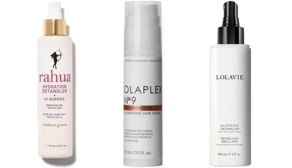 Rahua Hydration Detangler + UV Barrier; Olaplex No.9 Bond Protector Nourishing Hair Serum; LolaVie Glossing Detangler