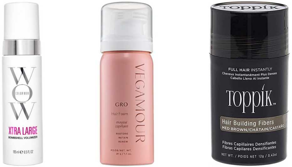 Color Wow Xtra Large Bombshell Volumizer; Vegamour GRO Hair Foam for Thinning Hair; Toppik Hair Building Fibers
