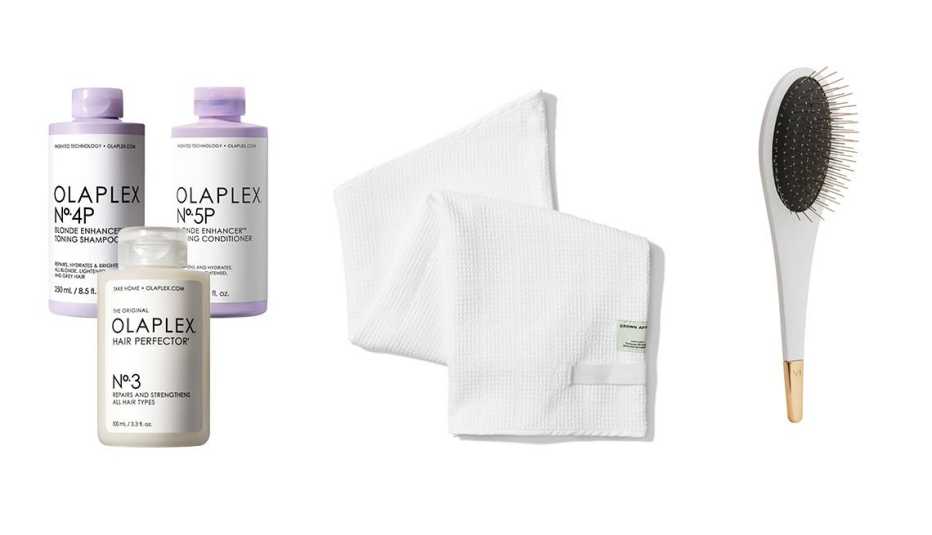 Olaplex No.4P Blonde Enhancer Toning Shampoo, Olaplex No. 3 Hair Perfector, and Olaplex No. 5P Blonde Enhancer Toning Conditioner; Crown Affair The Towel; Vuja De Beauty V1 Detangle