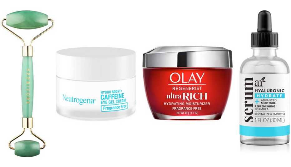 Herbivore Jade De-Puffing Face Roller; Neutrogena Hydro Boost + Caffeine Eye Gel Cream, Fragrance-Free; Olay Regenerist Ultra Rich Hydrating Moisturizer, Fragrance-Free; Artnaturals Hyaluronic Acid Serum