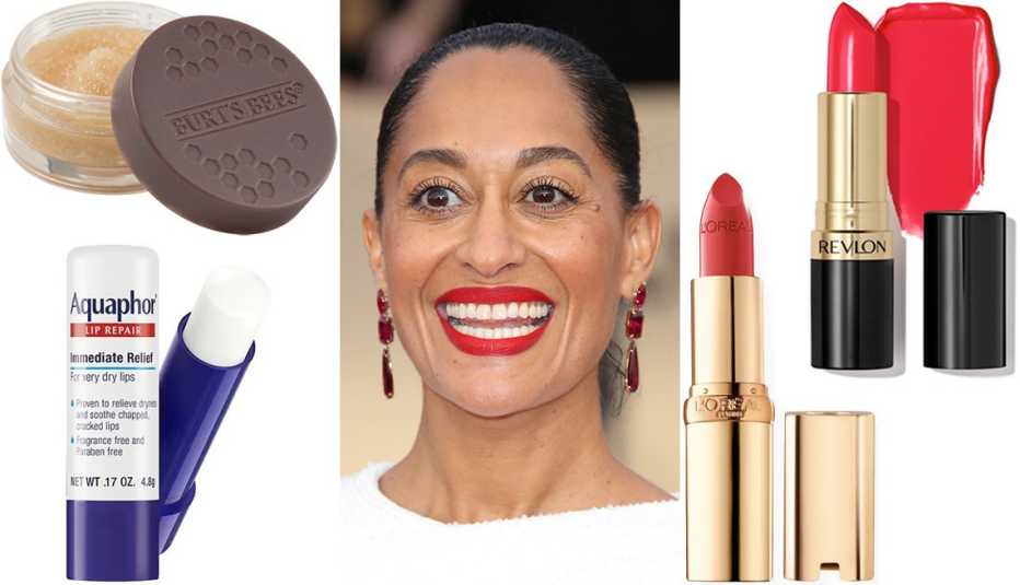 Burt’s Bees Conditioning Lip Scrub with Honey; Aquaphor Lip Repair Stick; Tracee Ellis Ross; L'Oréal Color Riche Satin Lipstick in True Red; Revlon Super Lustrous Lipstick in Love That Pink