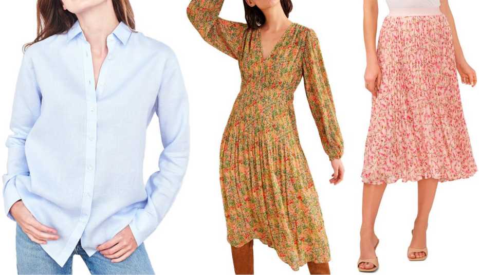 One Quince 100% European Linen Long Sleeve Shirt in Light Blue; Boden V-Neck Plisse Midi Dress in Popcorn, Gardenia Petal; 1.State Floral Released Pleat Midi Skirt in Garden Bliss