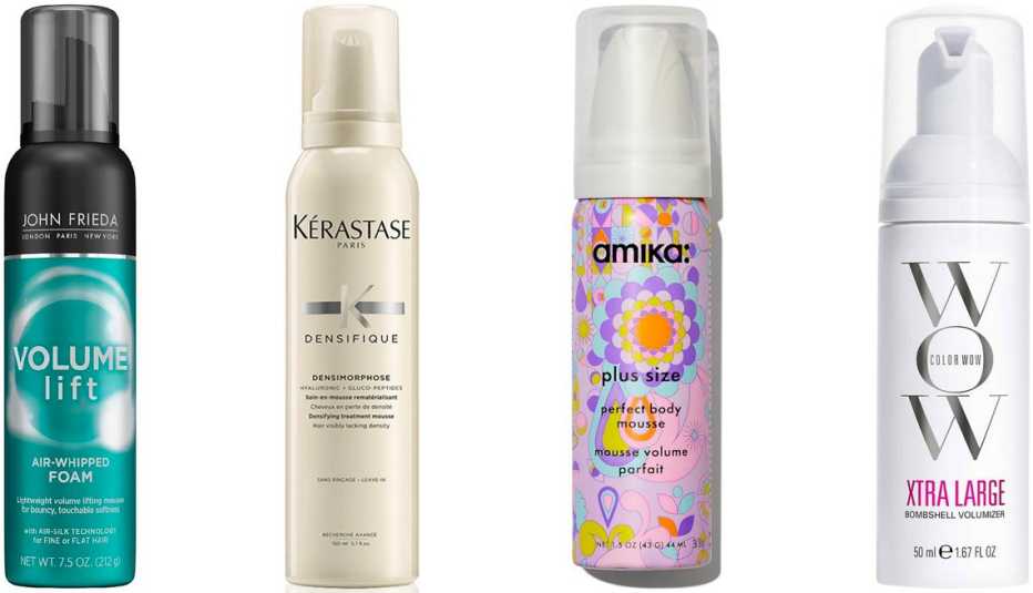 John Frieda Volume Lift Air-Whipped Foam for Fine or Flat Hair; Kerastase Densifique Densimorphose Hair Mousse; Amika Plus Size Perfect Body Mousse; Color Wow Xtra Large Bombshell Volumizer