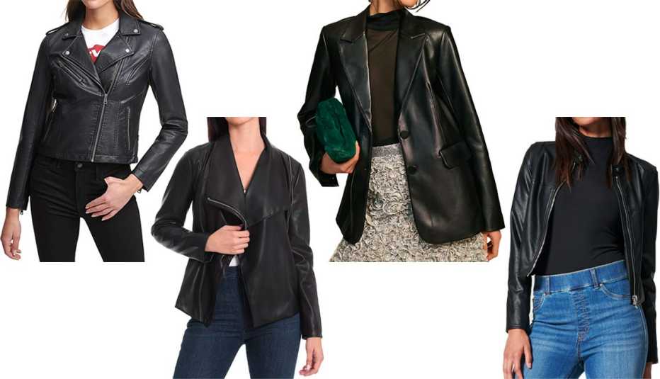 Levi’s Women’s Faux Leather Classic Asymmetrical Motorcycle Jacket in Black; Bagatelle Draped Faux Leather Jacket in Black; Good American Faux Leather Blazer in Black; Spanx Leather-Like Moto Jacket in Luxe Black
