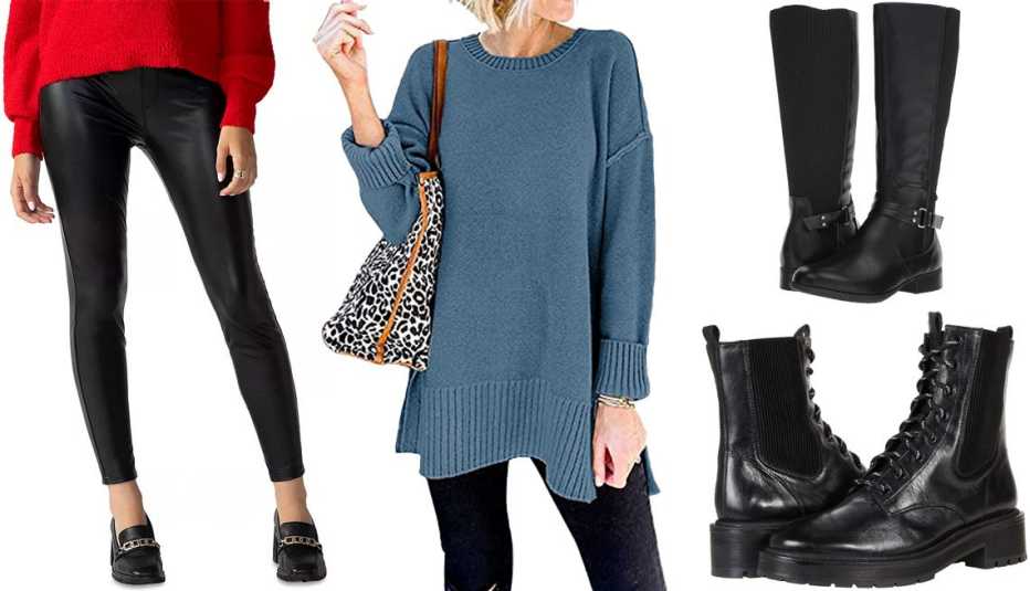 Sanctuary Runway Faux Leather Leggings in Black; Merokeety Women’s Casual Crew-Neck Side Split Long Sleeve Loose Pullover in Dustyblue; LifeStride X-Anita in Black Athena riding boots with rear stretch panel; Faryl by Farylrobin Nadine Boot in Black Leather
