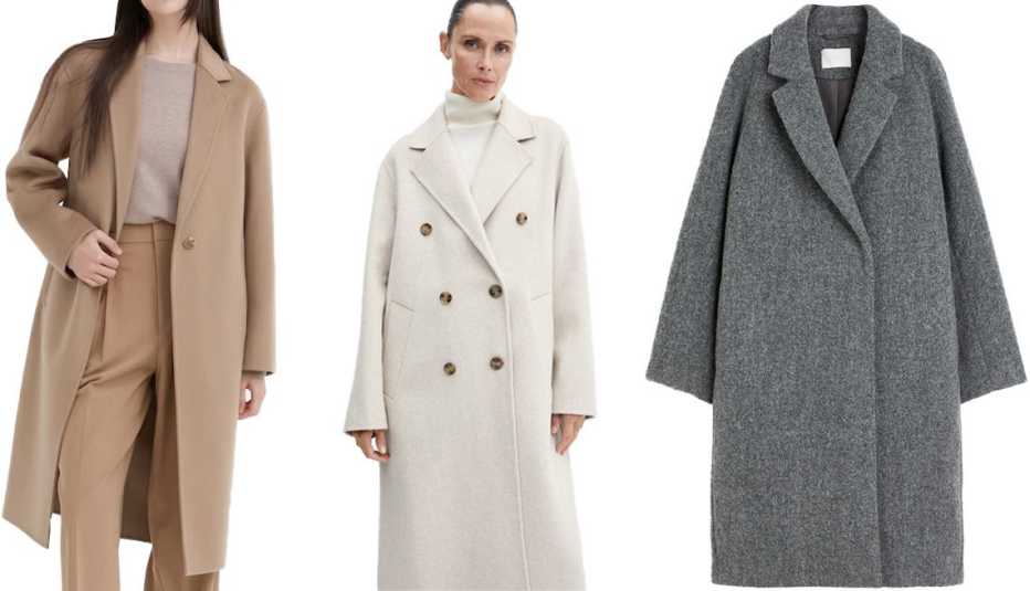 Uniqlo Women Double Face Long Coat in 32 Beige; Mango Handmade Oversized Wool Coat in Light/Pastel Gray; H&M Double-Breasted Coat in Dark Gray