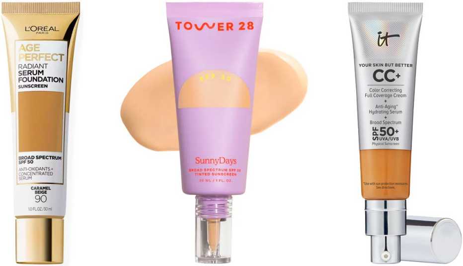 L’Oréal Paris Age Positive Radiant Serum Foundation SPF 50; Tower 28 SunnyDays SPF 30 Tinted Sunscreen Foundation; CC+ Color Correcting Full Coverage Cream SPF 50+