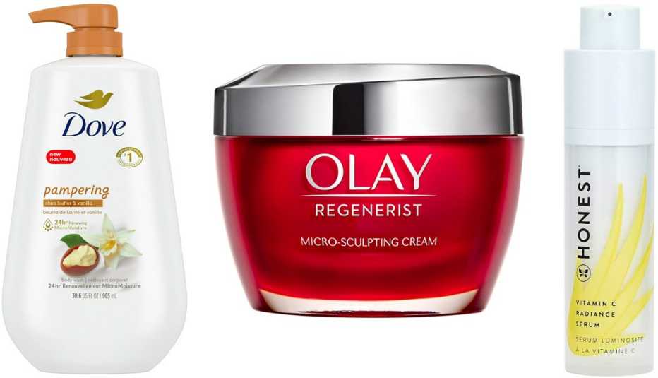 Dove Purely Pampering Liquid Body Wash with Pump, Shea Butter & Vanilla; Olay Regenerist Micro- Sculpting Cream; Honest Beauty Vitamin C  Radiance Serum with Hyaluronic Acid