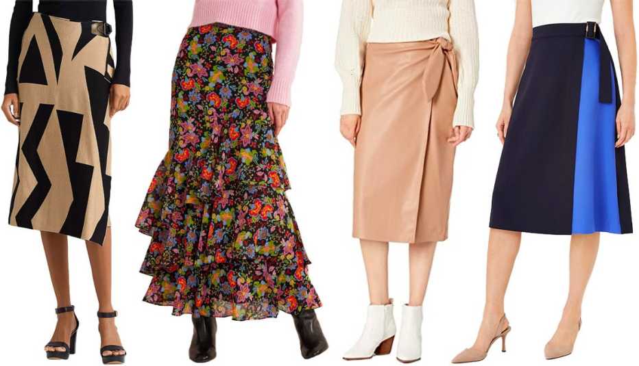 Lauren Ralph Lauren Geo Print Faux Wrap Skirt in Black Multicolor; Boden Multi- Ruffle Maxi Skirt in Carnation Garden; The Drop Women’s Manon Vegan Leather Wrap Front Midi Skirt in Camel; Ann Taylor Color-Block Wrap Midi Skirt in Night Sky