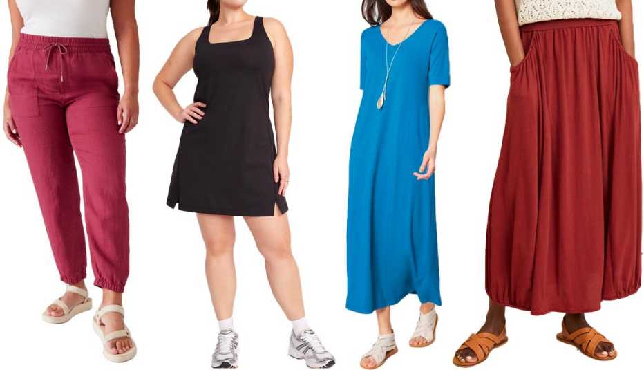 Athleta Retreat Linen Jogger in Coffeeberry; Old Navy PowerSoft Sleeveless Shelf-Bra Support Dress for Women in Blackjack; J. Jill Double-V Elbow-Sleeve Maxi Dress in Cerulean Blue; Garnet Hill Favorite Maxi Knit Skirt in Burnt Henna