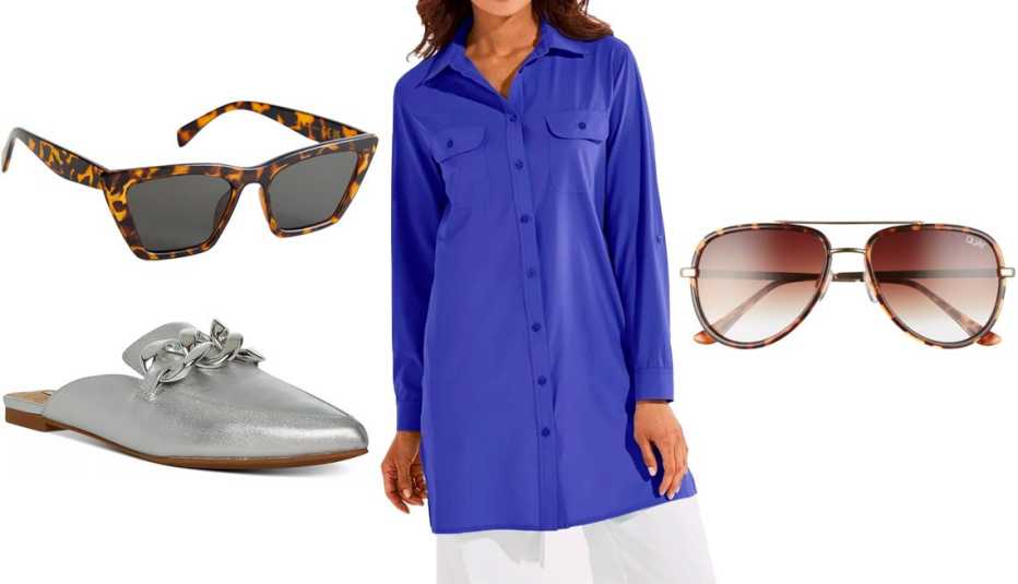 Steve Madden Women’s Fleur Tailored Chain Mule Loafer Flats in Silver; & Other Stories Angular Cat Eye Sunglasses in Brown; Coolibar Women’s Santorini Tunic Shirt UPF 50+ in Sailor; Quay Australia All In 52mm Mini Aviator Sunglasses in Tortoise/Brown Fade