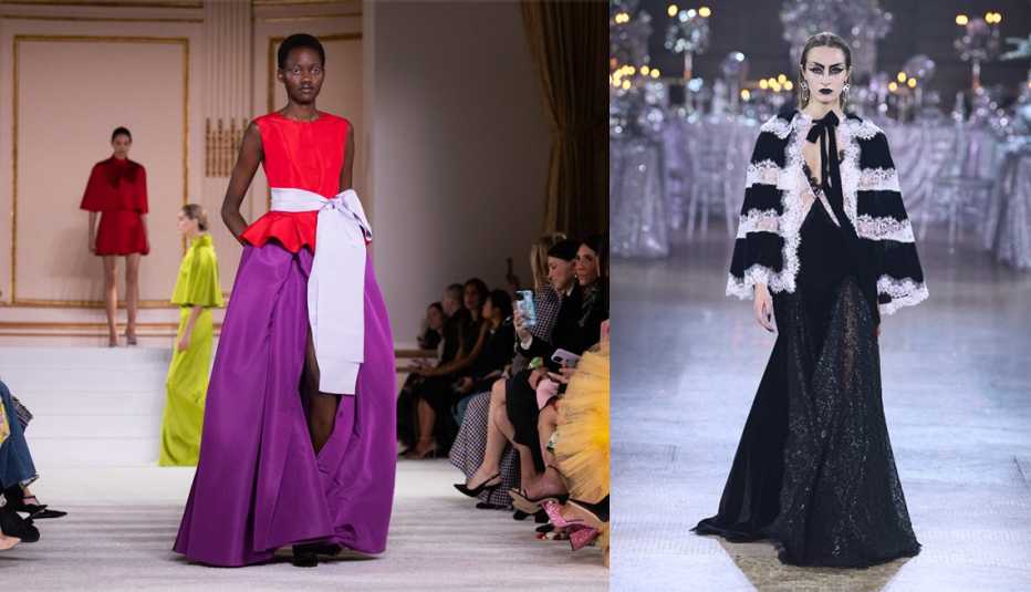 A model walking the runway in a red and purple dress with a big white bow tied on the waist at the Carolina Herrera Fall/Winter 2023 fashion show; a model wearing a black dress with a black and white cover top with a black bow at the Rodarte Fall 2023 Ready To Wear Fashion Show