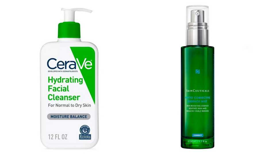 green bottles containing moisturizing products on a white field