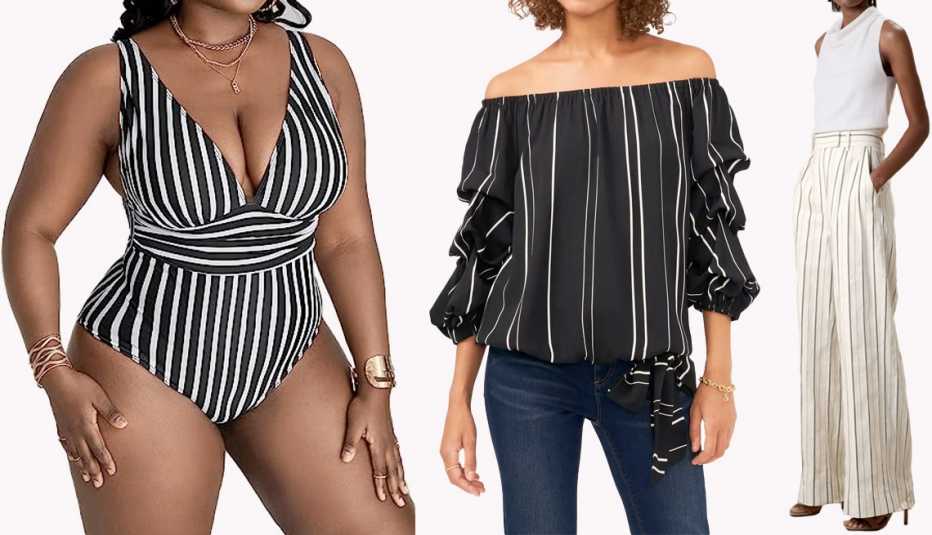 Floerns Women’s Plus-Size Striped Print Plunge Neck Monokini One Piece Swimsuit in Black and White; Vince Camuto Off the Shoulder Stripe Blouse in Rich Black; Banana Republic Alva Wide-Leg Cotton/Linen Pant in White Stripe