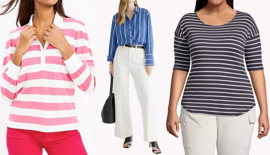 Loft Rugby Top in Rich Carmine Pink; J. Crew Garcon Cotton Poplin Shirt in Seaside Stripe in Regal Blue; Land’s End Women’s Plus Size Supima Micro Modal Elbow Sleeve Balletneck Curved Hem Striped Top in True Navy/White Stripe