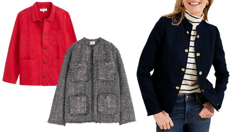 Alex Mill Britt Work Jacket in Recycled Denim in Paprika; H&M Textured Jacket in Grey Melange; Talbot’s Military Jacket in Indigo Blue 