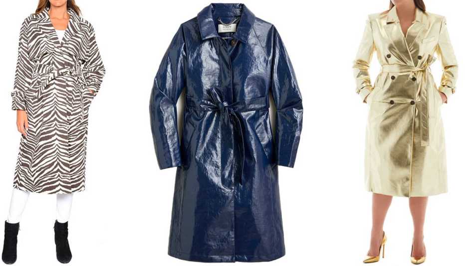 Kohl’s Women’s Fleet Street Zebra-Print Long Trench Coat; J.Crew Collection Trench Coat in Laminated Linen in Indigo; LBV Metallic Vegan Leather Trench Coat in Gold