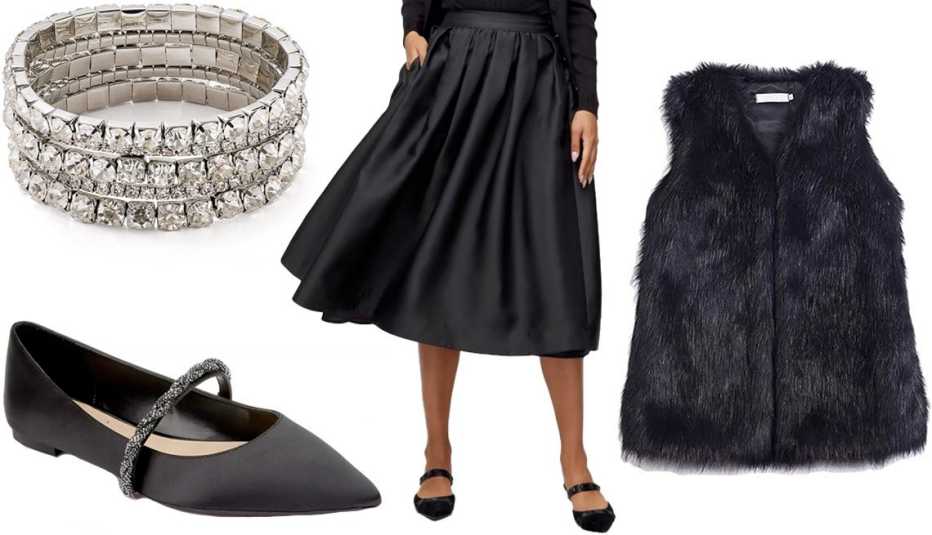Jewel Badgely Mischka Women’s Vana Pointed Toe Evening Flat in Black Satin; Aqua Crystal Stretch Bracelets, Set of 5; White House Black Market Fit-and Flare Midi Skirt in Black; Youhan Women’s Faux Fur Vest Coat Sleeveless Jacket in Black