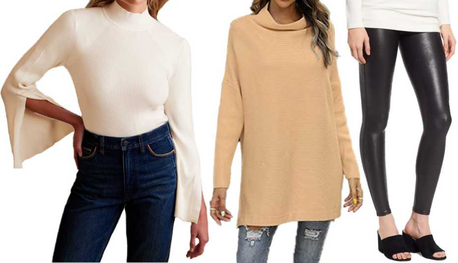 Banana Republic Flavia Mock-Neck Sweater in White; EFAN Oversized Turtleneck Sweater in Khaki; Spanx Faux Leather Leggings in Very Black