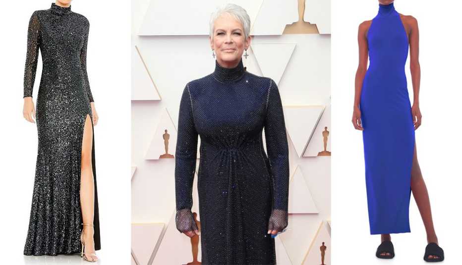 Mac Duggal Sequin Mock Neck Illusion Long Sleeve Gown; Jamie Lee Curtis in a shimmery navy turtleneck dress; Norma Kamali Halter Turtle Side Slit Gown in Cobalt