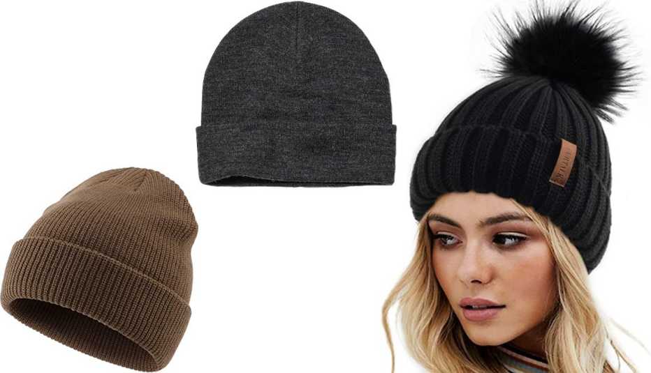 Connectyle Classic Acrylic Knit Cuff Daily Beanie in Light Coffee; Uniqlo Heattech Watch Cap in 08 Dark Gray; Furtalk Women’s Winter Knitted Beanie With Faux Fur Pom Pom in 01 Black