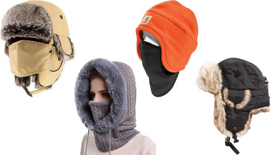 Chok.Lids Waterproof Winter Trapper Hat Unisex in Putty; Ewaycom Women’s One-Piece Cable Knit Hood/Balaclava With Faux Fur Trim in Grey; Carhartt Fleece 2-in-1 Hat in Brite Orange; Stetson Men’s Nylon Trapper Hat in Black