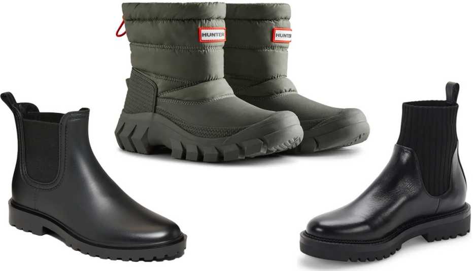 Old Navy Water-Repellent Pull-On Chelsea Rain Boots for Women in Light Black Heather; Hunter Intrepid Snow Boot in Urban Grey; Blondo Hallie Waterproof Bootie in Black Leather