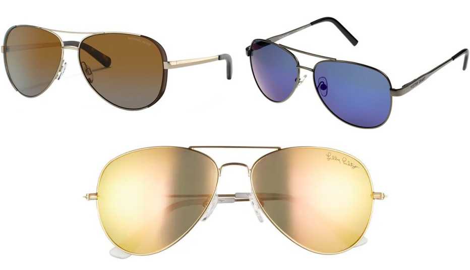 Michael Kors MK5004 Polarized Aviators for Women in Gold/Brown; Foster Grant Grant Polarized Aviators; Lily Pulitzer 59mm Polarized Aviator Sunglasses in Shiny Gold/Gold Mirror