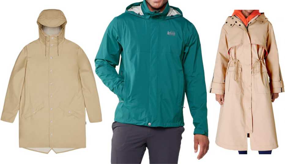 Rains TM Long Jacket in Sand; REI Co-op Rainier Rain Jacket Men’s in Sea Forest; Sweaty Betty Technical Hooded Trench Coat in Dove Beige