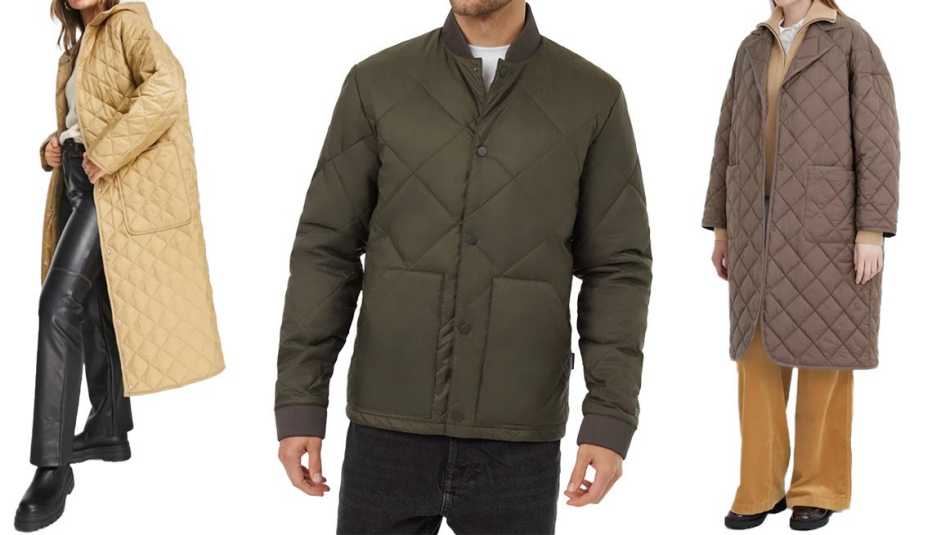 Asos Design Quilted Longline Coat in Camel; Tentree Men's Diamond Padded Bomber Jacket in Olive Green; Uniqlo Women PUFFTECH Oversized Coat Warm Padded in 35 Brown
